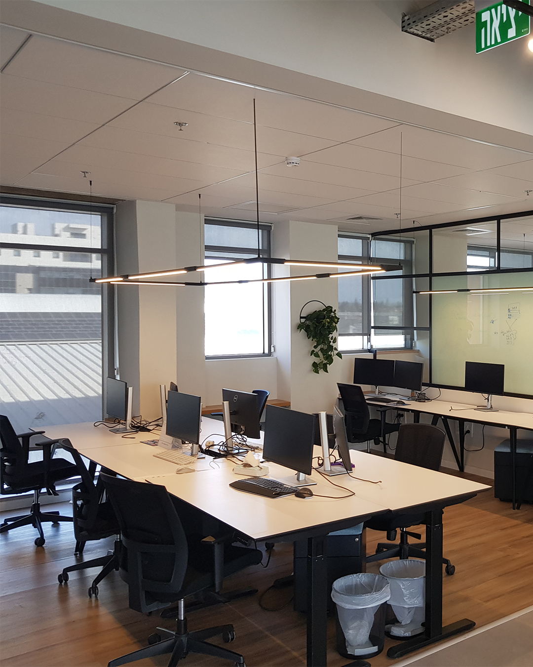 מרחב עבודה פתוח, מואר באור טבעי ובתאורת פרופילים שממשיכה את הקו האדריכלי.