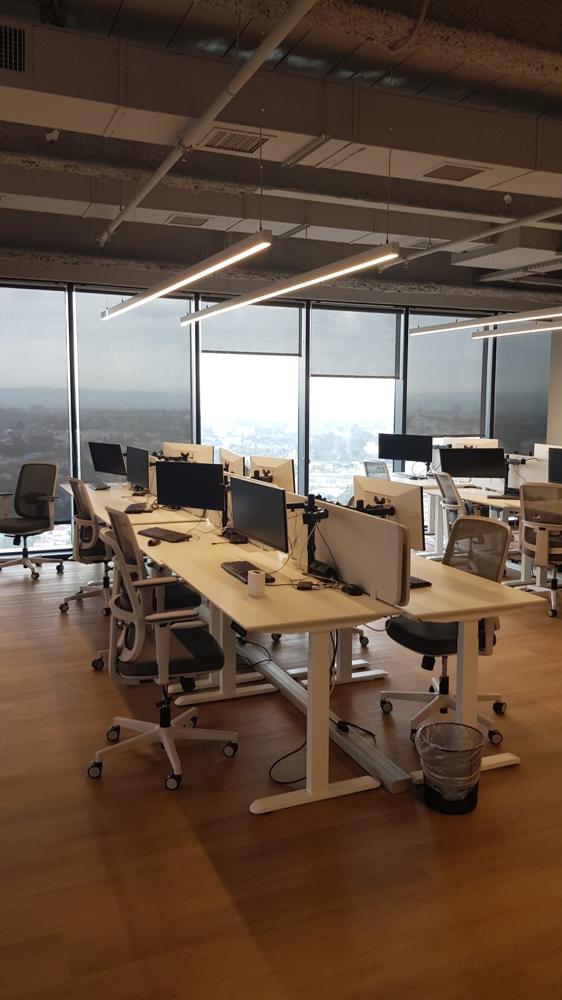מבט כולל על חלל עבודה פתוח עם תאורה תלוית תקרה וקירות זכוכית.